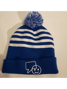 Bell Let's Talk Day White and Blue Striped Toque Pom Pom Beanie